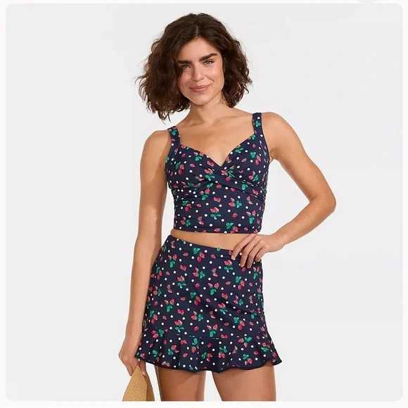 Lands end Sweetheart Midkini Navy Strawberry Crop Tankini Top and Skirt Swim Set - Picture 5 of 5